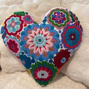 Colorful Hand Embroidered Heart Pillow from Mexico